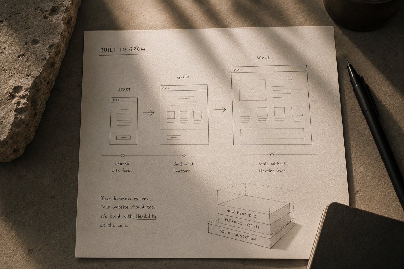 A sketch of a website growing from launch to scale, resting on a drawn foundation