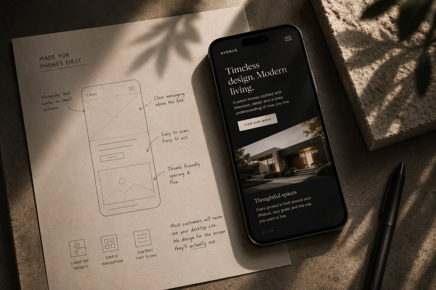 A phone-first wireframe sketch beside a phone showing an elegant dark website
