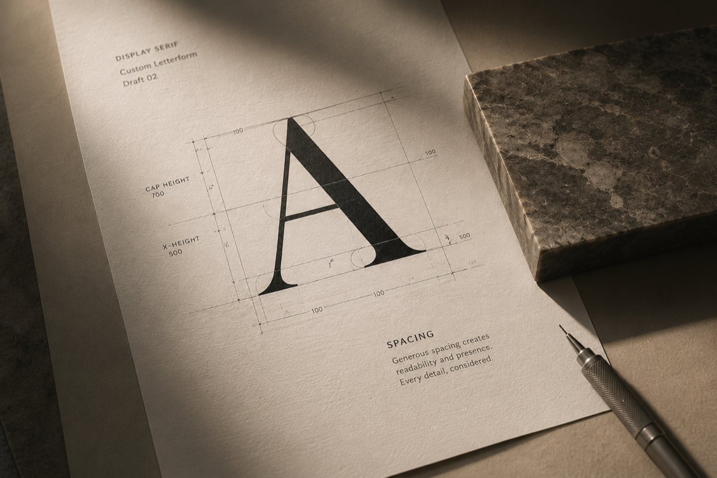 A display serif letterform drawn by hand on paper, beside a slab of polished stone